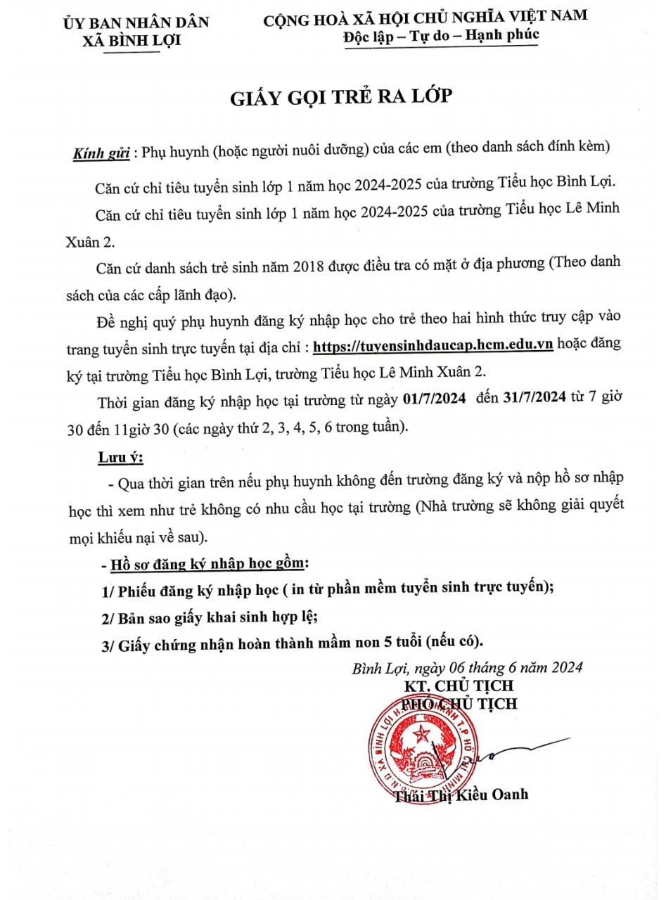 khi nao co giay goi tre vao lop 1 2