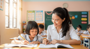 Cô giáo và học sinh Việt Nam học đánh vần trong lớp học