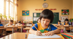 Em bé Việt Nam vui vẻ vẽ tranh phong cách hoạt hình