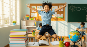Một em bé Việt Nam vui vẻ nhảy múa trong lớp học đầy màu sắc