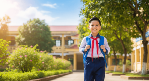 Cậu bé Việt Nam vui vẻ mặc đồng phục mang cặp sách đến trường