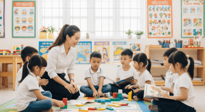 Giáo viên nữ Việt Nam hướng dẫn trẻ nhỏ học tập vui vẻ trong lớp học