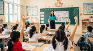 Các em bé Việt Nam học tập vui vẻ trong lớp học