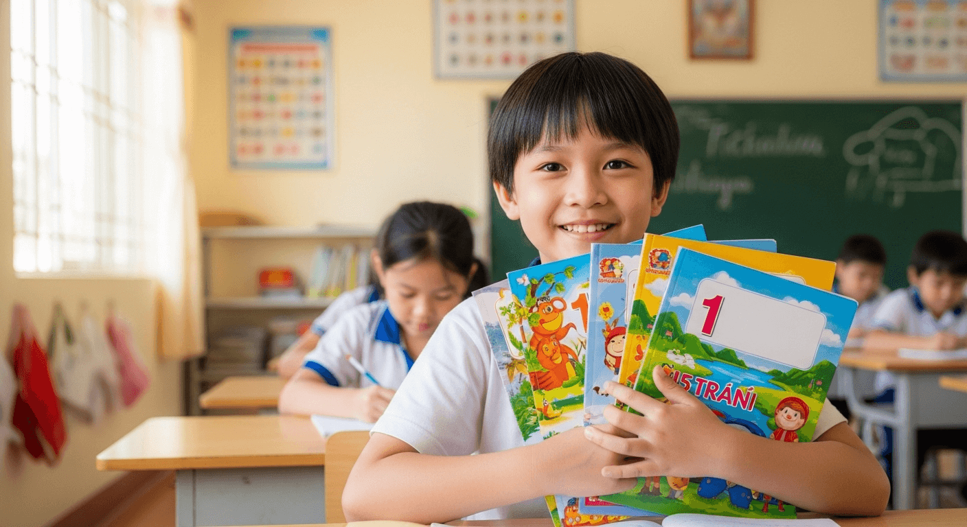 Bộ Sách Lớp 1 Năm 2025-2026: Điểm Mới Phụ Huynh Cần Nắm Bé gái hào hứng học tập với bộ sách lớp 1 mới.