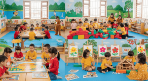 Các bạn nhỏ Việt Nam vui vẻ học tập trong lớp tiền tiểu học