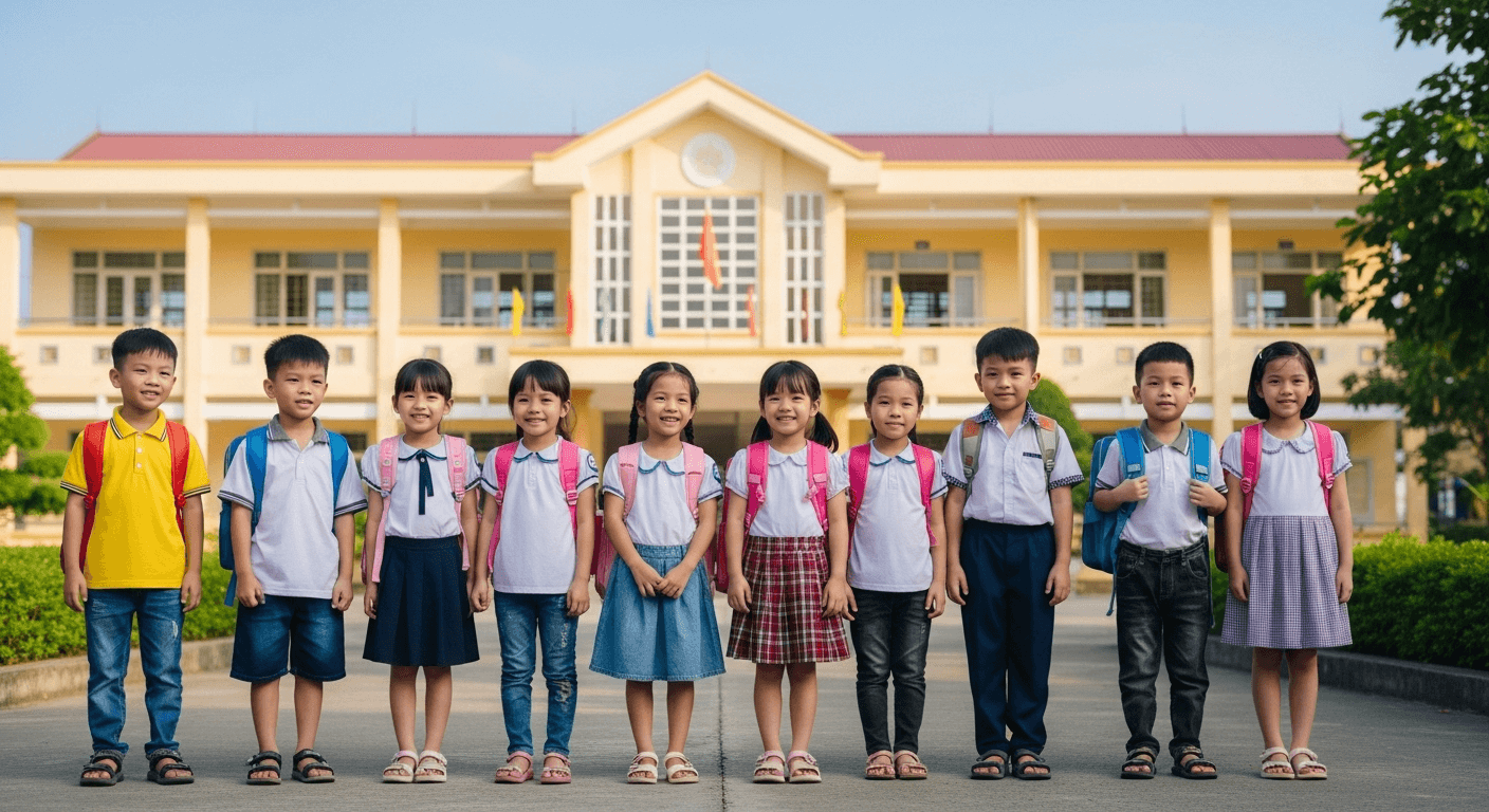 Nhóm trẻ em Việt Nam háo hức đến trường lớp một