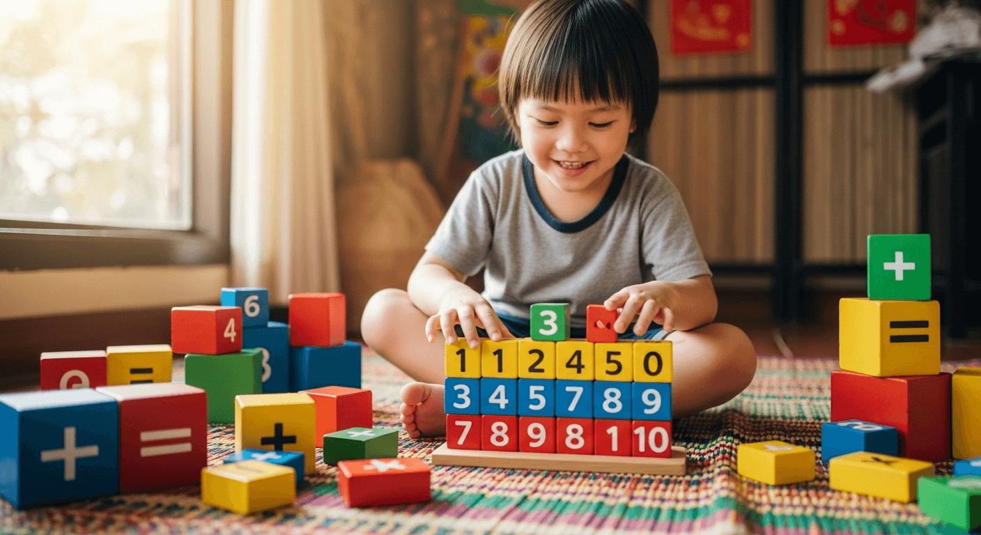 Bé học toán tiền tiểu học qua trò chơi và hình ảnh trực quan.