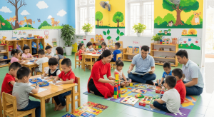 Lớp học tiền tiểu học vui vẻ của trẻ em Việt Nam và cô giáo