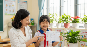 Cô giáo và học sinh vui vẻ xem sổ liên lạc