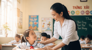 Co giao khen ngoi mot hoc sinh tieu hoc Viet Nam dang vui mung