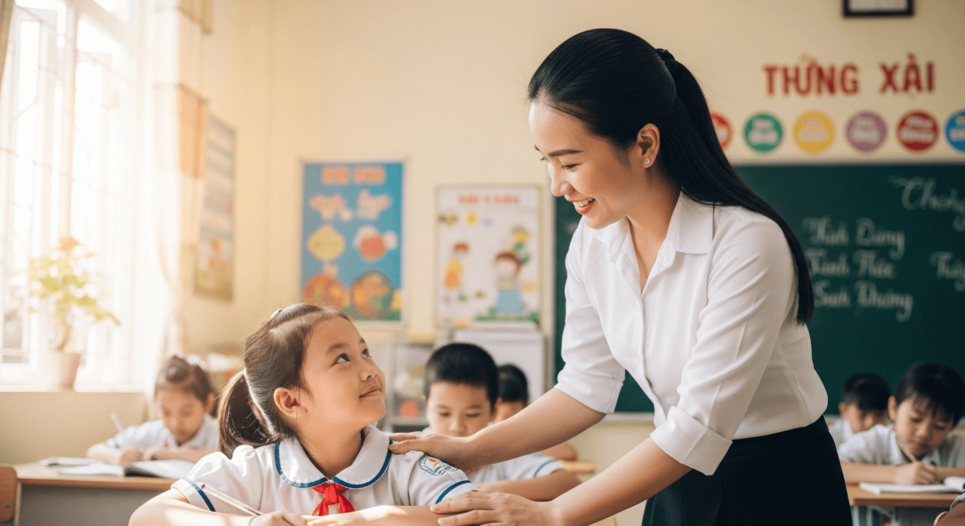 Thầy cô giáo khen ngợi nỗ lực của học sinh tiểu học