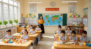 Hoc sinh Viet Nam vui ve hoc trong lop hoc