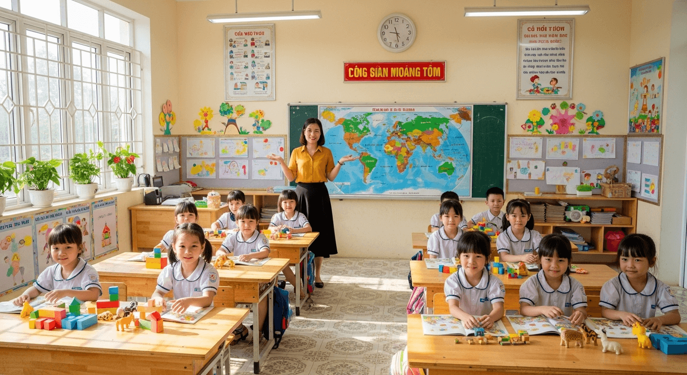 Hoc sinh Viet Nam vui ve hoc trong lop hoc