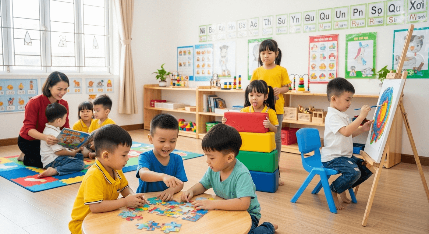 Nội dung chương trình tiền tiểu học: Kiến thức & Kỹ năng toàn diện Một bé gái đang học chữ cái trong chương trình tiền tiểu học.