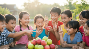 Các bạn nhỏ Việt Nam đang vui vẻ đếm táo dưới nắng