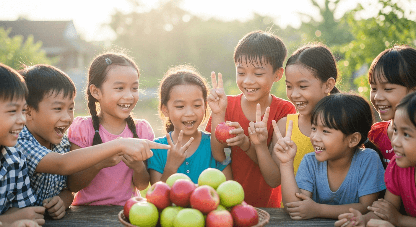 Các bạn nhỏ Việt Nam đang vui vẻ đếm táo dưới nắng