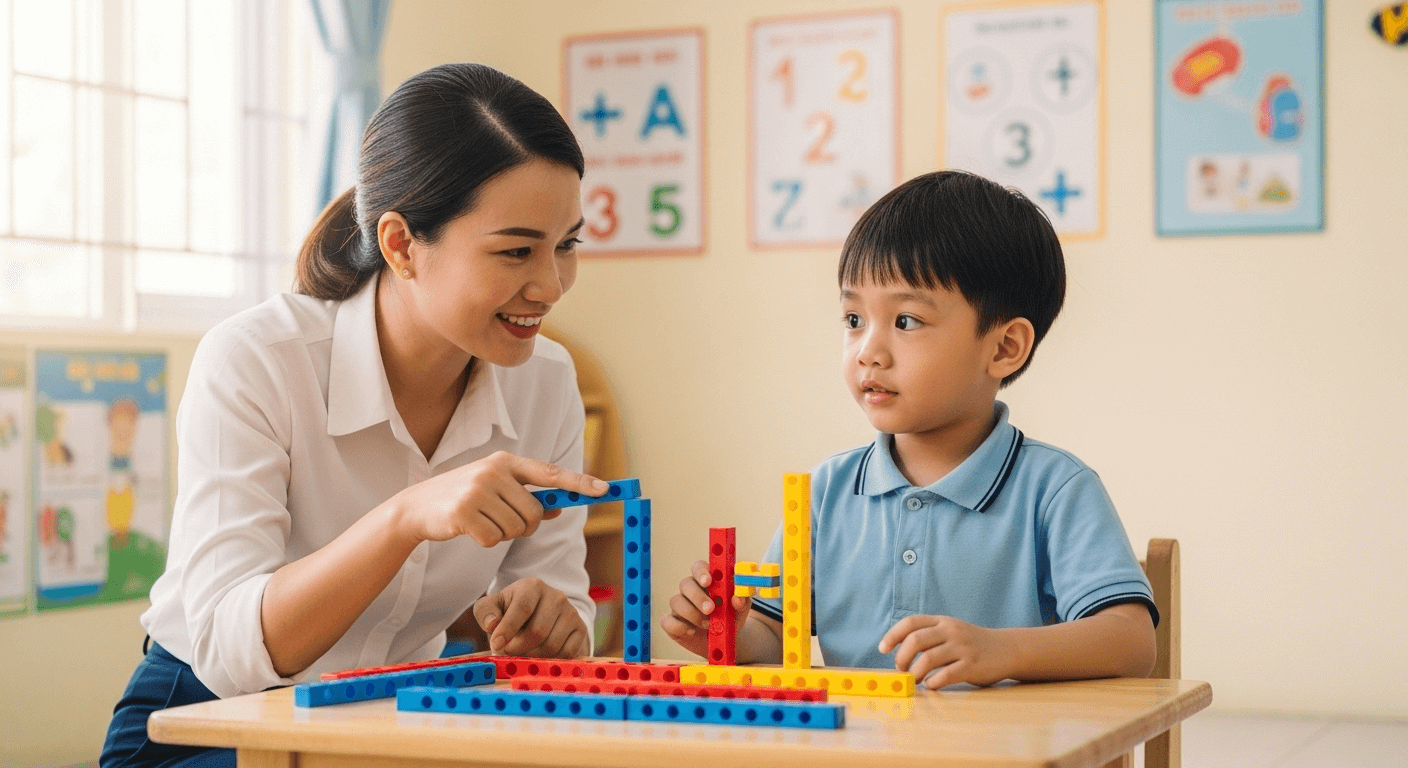 Cô giáo và học sinh dùng khối màu để học tách số phép cộng