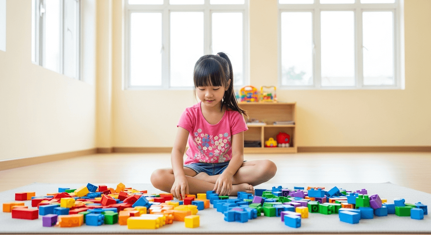 Bé gái Việt Nam chia khối màu sắc thành hai nhóm trong phòng sáng