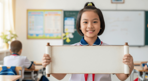 Học sinh Việt Nam vui vẻ cầm giấy khen trong lớp học