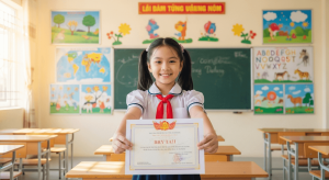 Hoc sinh tieu hoc Viet Nam vui mung nhan giay khen trong lop hoc