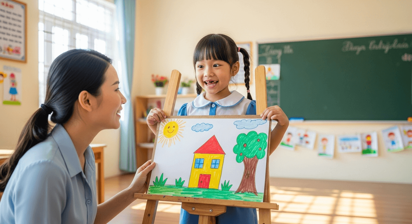 Bé gái Việt Nam vui vẻ khoe tranh với cô giáo trong lớp học