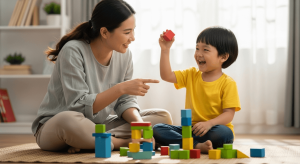 Bé trai Việt Nam và mẹ đang chơi và học với khối xếp hình tại nhà