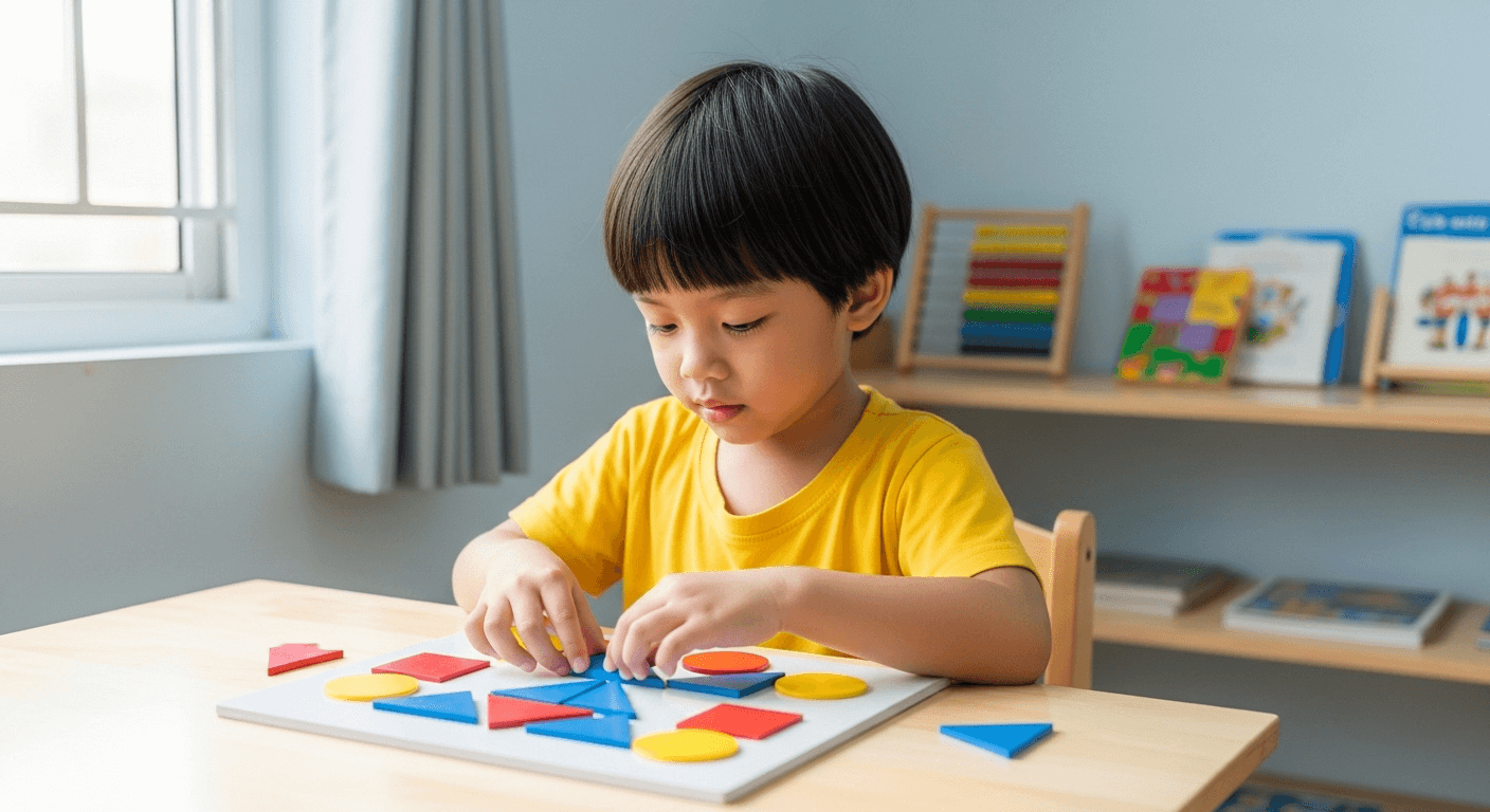 Một đứa trẻ đang tập trung xếp hình gỗ, minh họa cho việc rèn luyện kỹ năng.