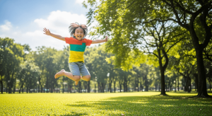 Bé Việt vui vẻ nhảy nhót trên bãi cỏ xanh mướt trong công viên