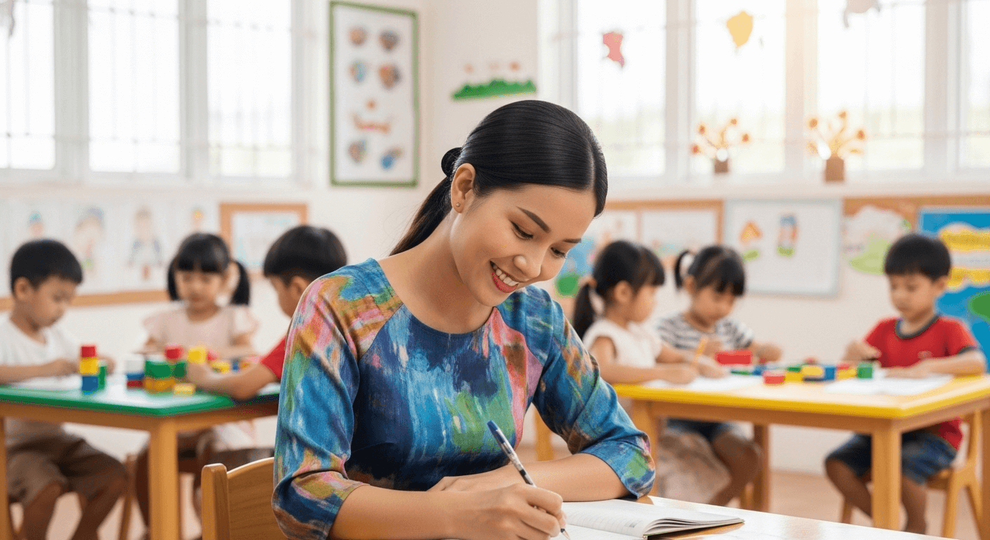 Phụ huynh đang viết ghi chú vào sổ bé ngoan của con.