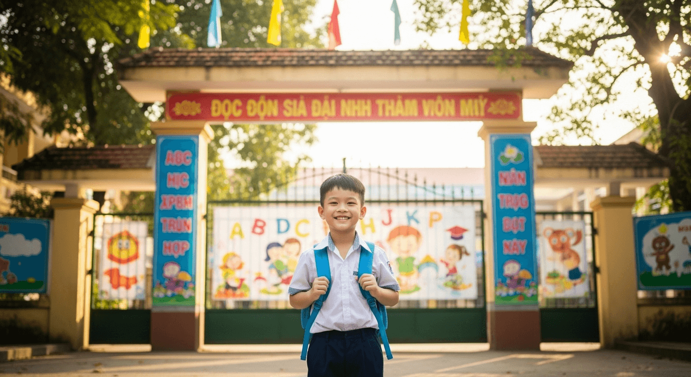 Bé trai Việt Nam cười tự tin sẵn sàng đến trường tiểu học