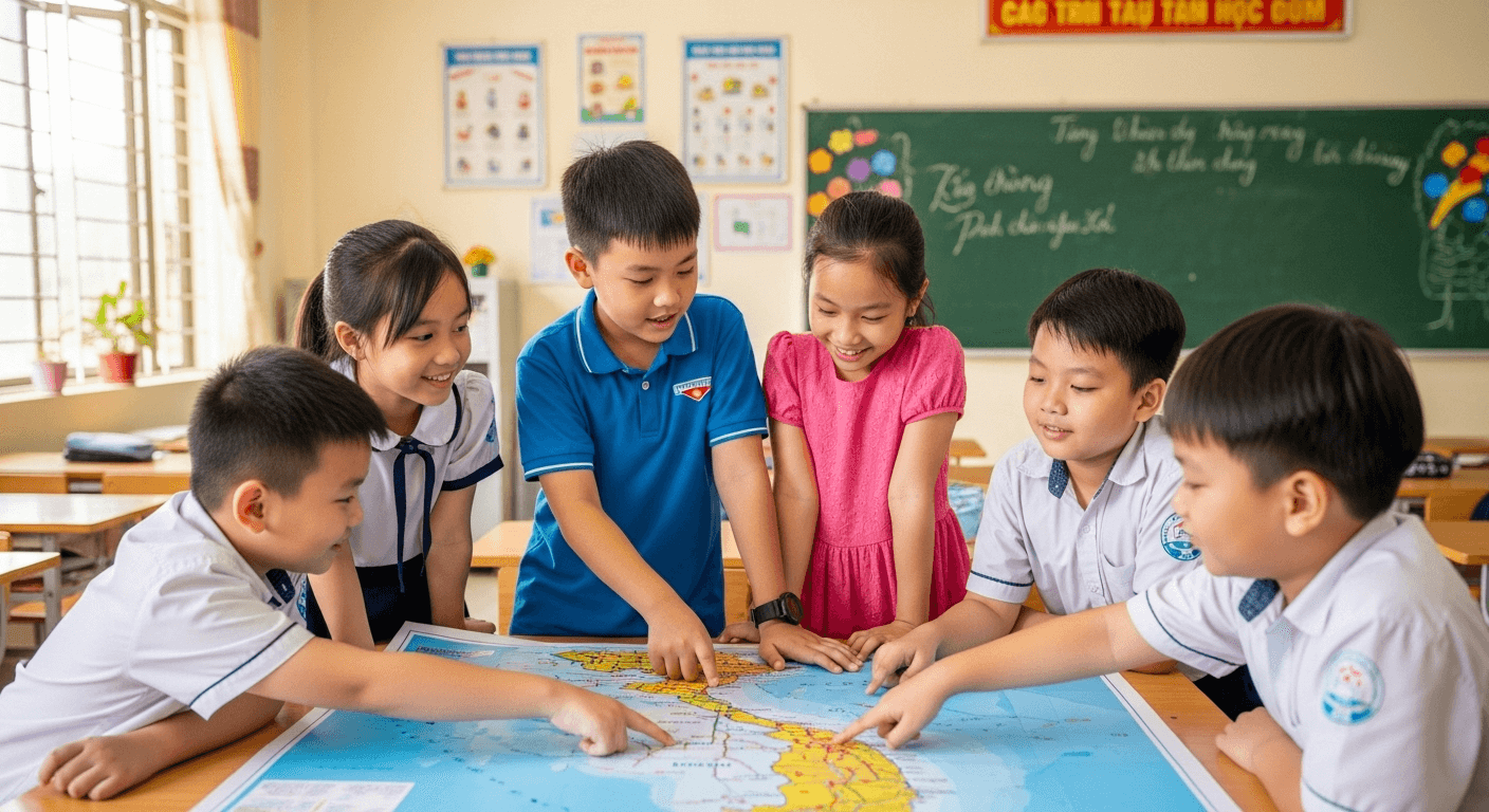 Học sinh tiểu học vui vẻ khi được khen ngợi trước lớp