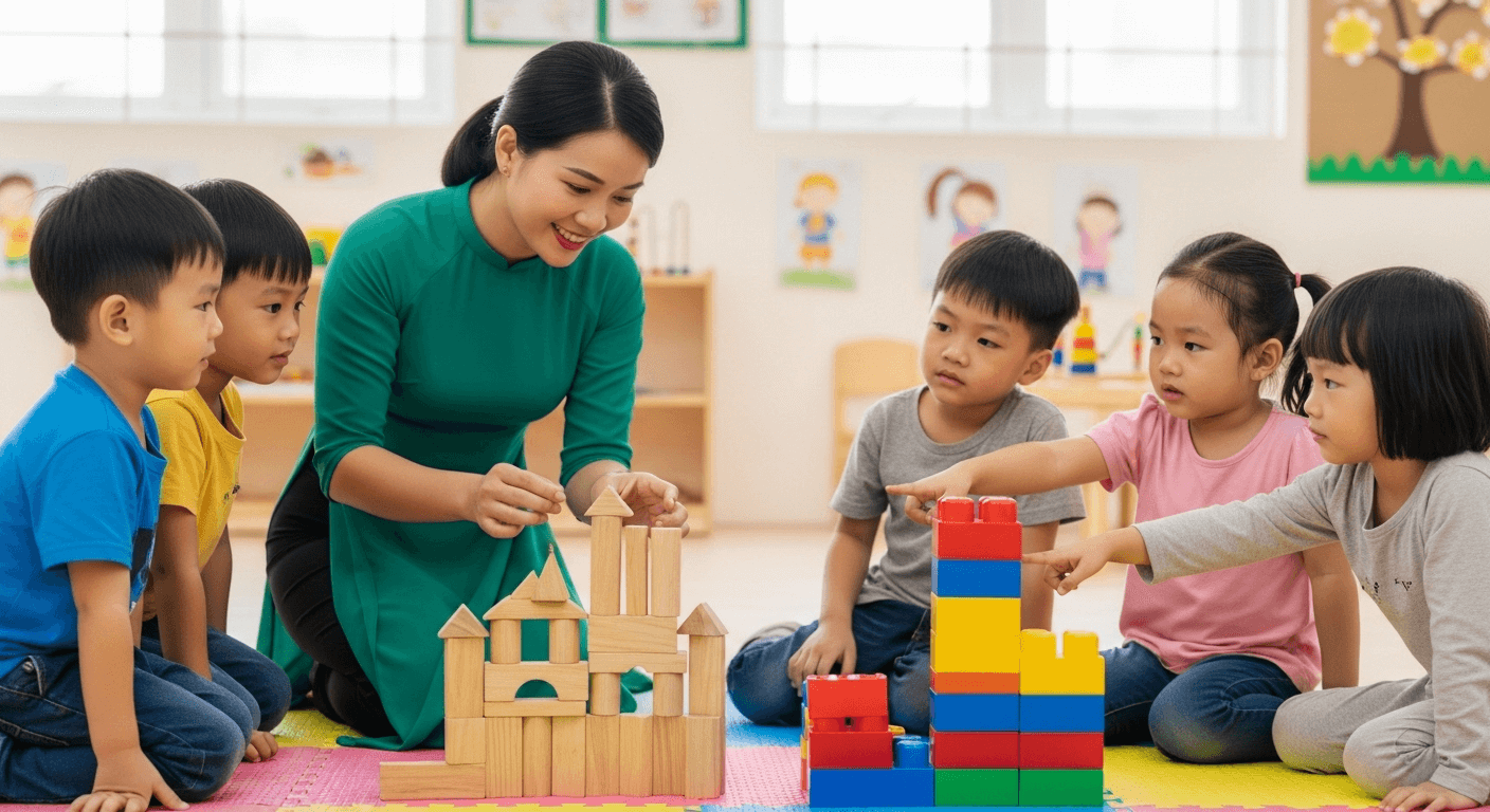 Bé gái đang thực hành phép cộng trên bảng trắng