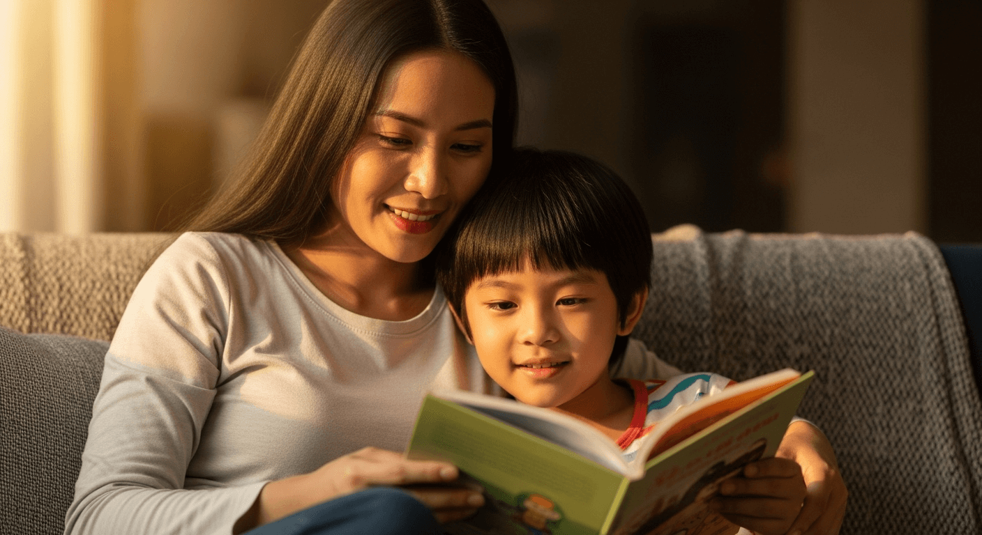 Ba mẹ đọc thơ tiềm thức cùng con để tăng hiệu quả học tập.