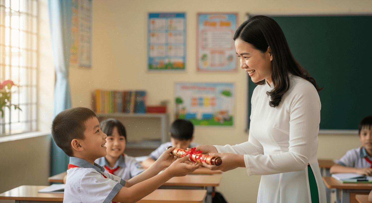 Thư Khen Học Sinh Tiểu Học Là Gì? Toàn Tập Từ A-Z Cho Phụ Huynh & Giáo Viên Giáo viên trao thư khen động viên học sinh