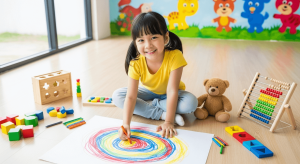 Bé gái Việt Nam đang vẽ trong lớp học mầm non