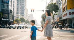 Mẹ và bé trai Việt Nam sang đường an toàn tại vạch kẻ đường