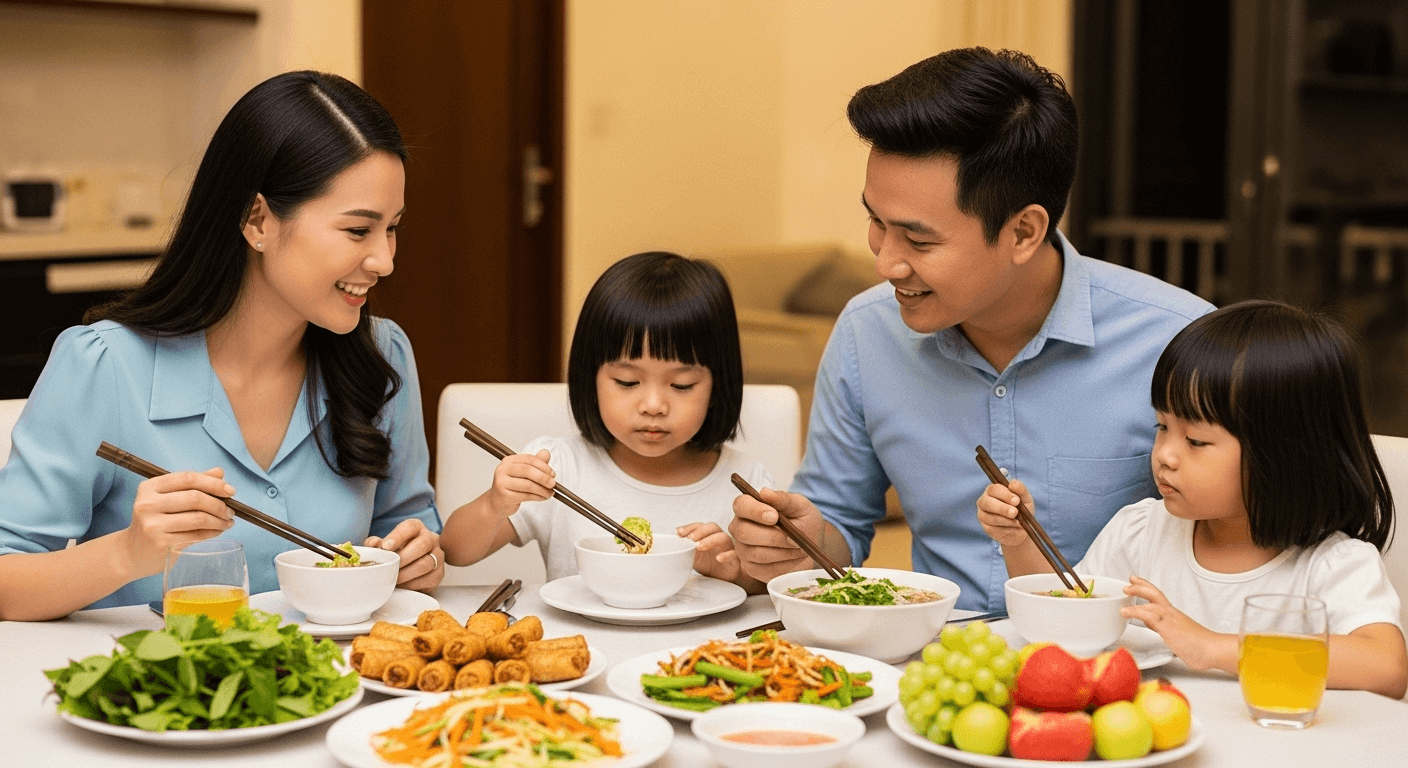 Gia đình cùng nhau chuẩn bị bữa ăn vui vẻ.