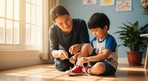 Bé trai Việt Nam đang học buộc dây giày cùng mẹ