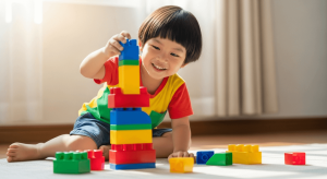 Bé Việt Nam vui vẻ xếp khối hình giải quyết vấn đề đơn giản