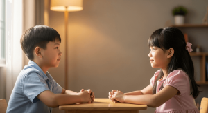 Hai bé Việt Nam lắng nghe nhau chăm chú