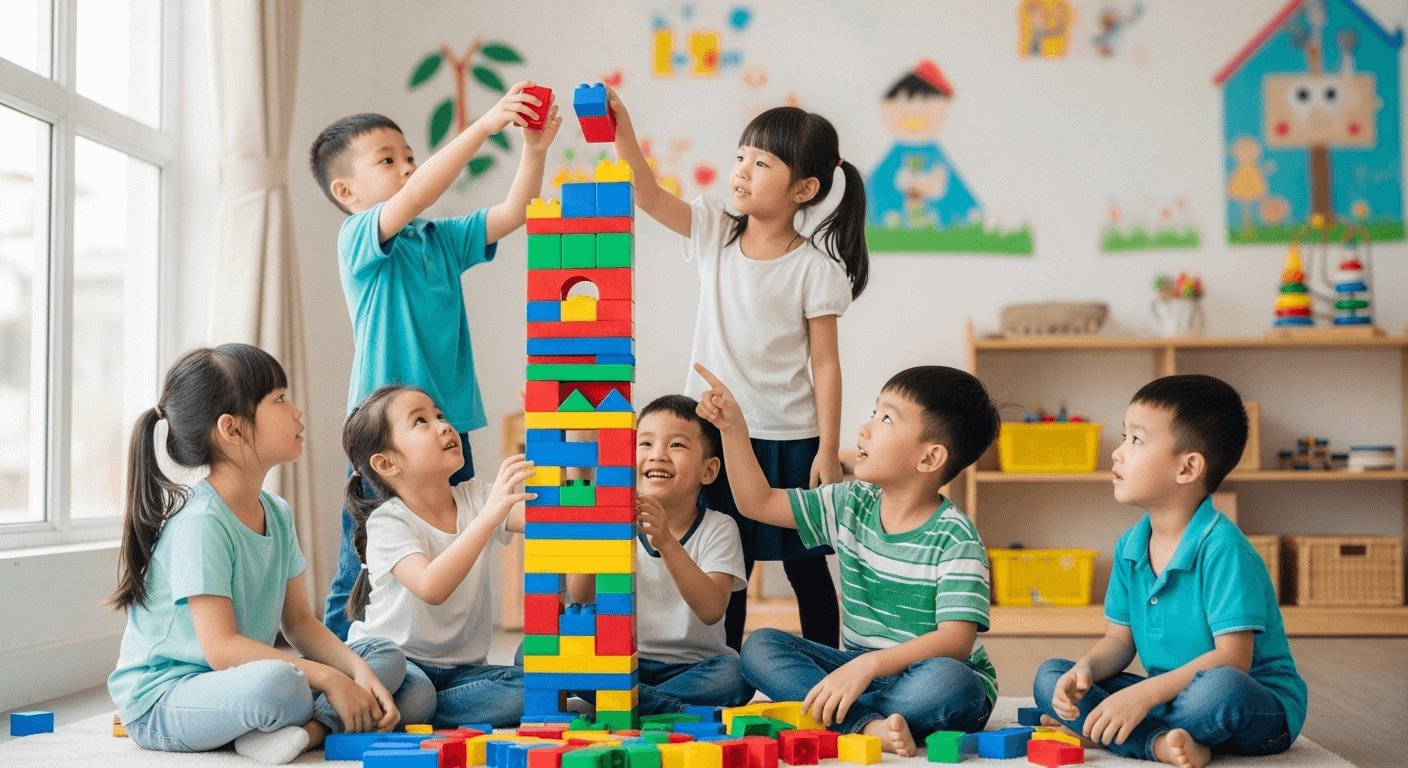 Trẻ em học cách hợp tác và chia sẻ đồ chơi khi chơi cùng nhau