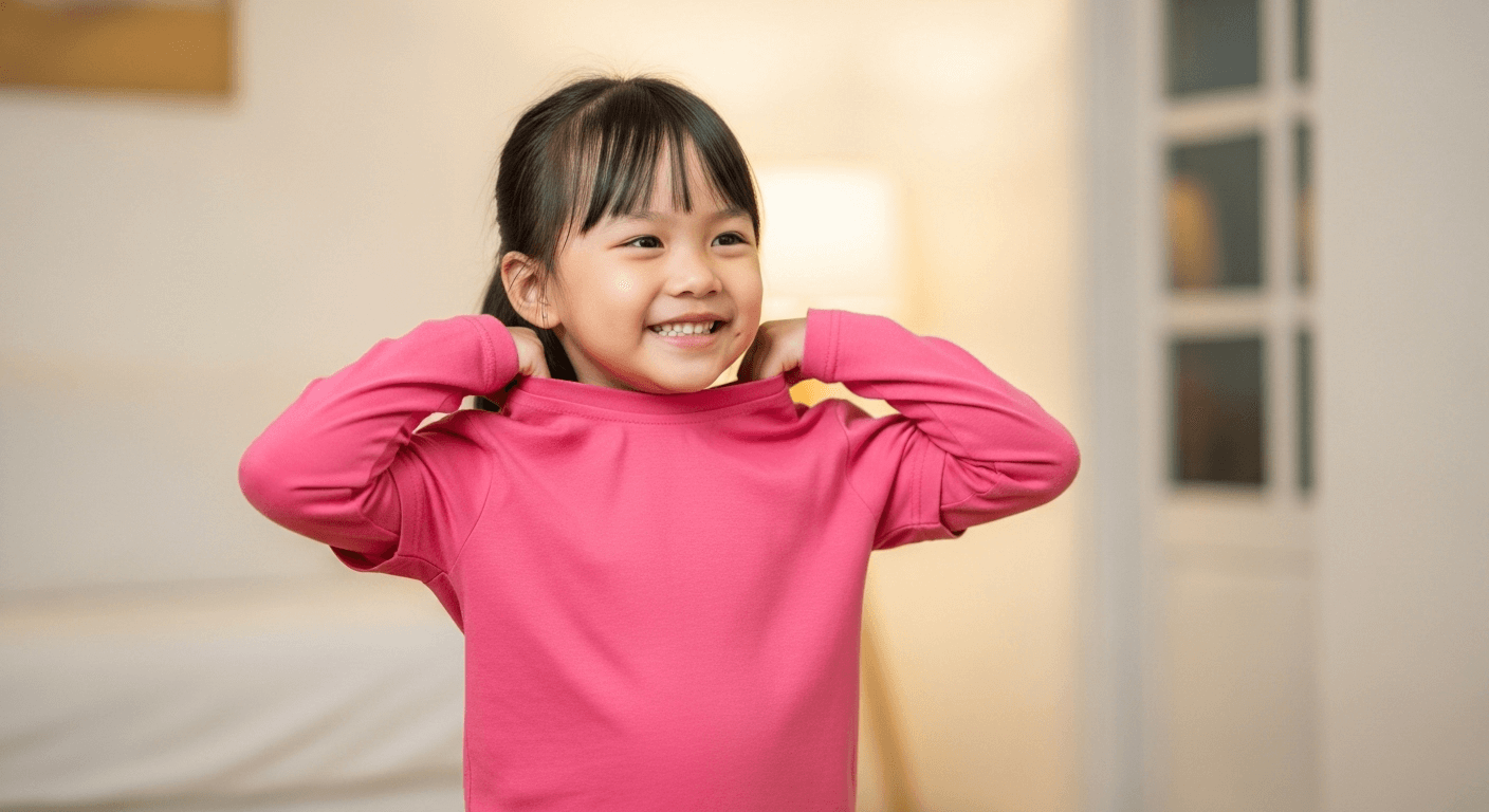 Bé gái Việt Nam tự mặc áo thun hồng một cách cẩn thận