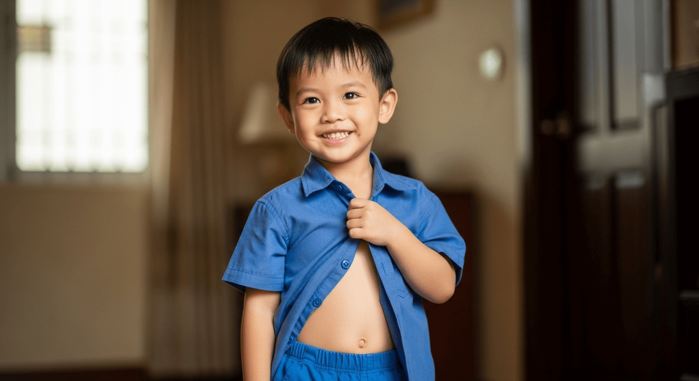 Bí Quyết Dạy Kỹ Năng Mặc Quần Áo Cho Trẻ Tự Lập Dễ Dàng Một giáo viên mầm non đang hướng dẫn em bé cách cài cúc áo khoác