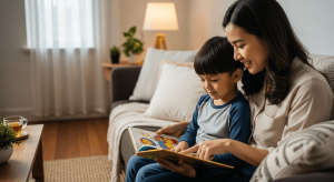 Bé trai Việt vui vẻ đọc sách cùng mẹ trong không gian ấm cúng