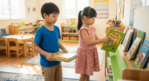 Hai bé Việt Nam cùng nhau xếp sách lên kệ gọn gàng trong lớp học