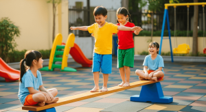 Bé Việt giữ thăng bằng trên xà thấp trong khu vui chơi