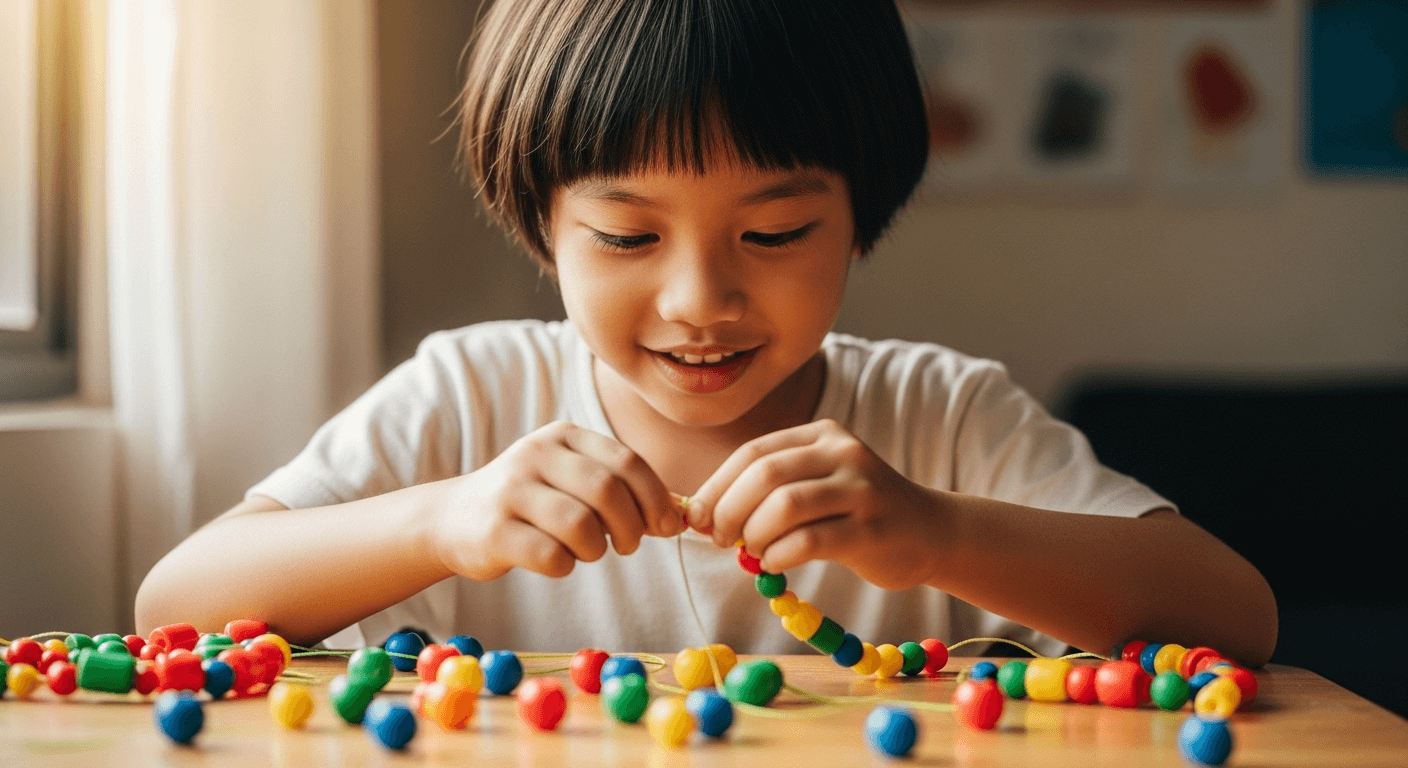 Bé luyện kỹ năng vận động tinh qua hoạt động xâu hạt.