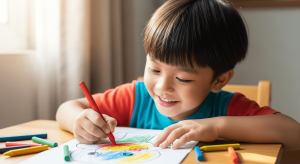 Bé trai Việt Nam vui vẻ tô màu bằng sáp rèn luyện vận động tinh