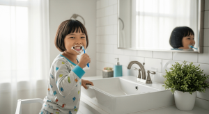 Bé trai Việt Nam 5 tuổi đang vui vẻ đánh răng trong phòng tắm