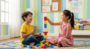 Hai bé Việt Nam vui vẻ chia sẻ đồ chơi